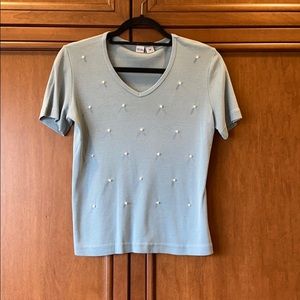 Vintage Pearl-Beaded V-Neck T-Shirt